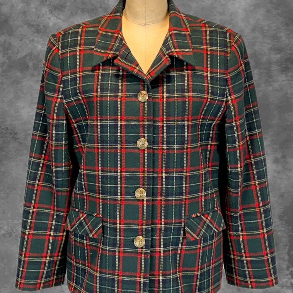 VINTAGE tartan plaid wool blazer jacket tailored gold buttons red green 90s